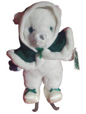 Applause Vtg 1988 White Plush Teddy Bear Ice Skater With Green Hooded Cape